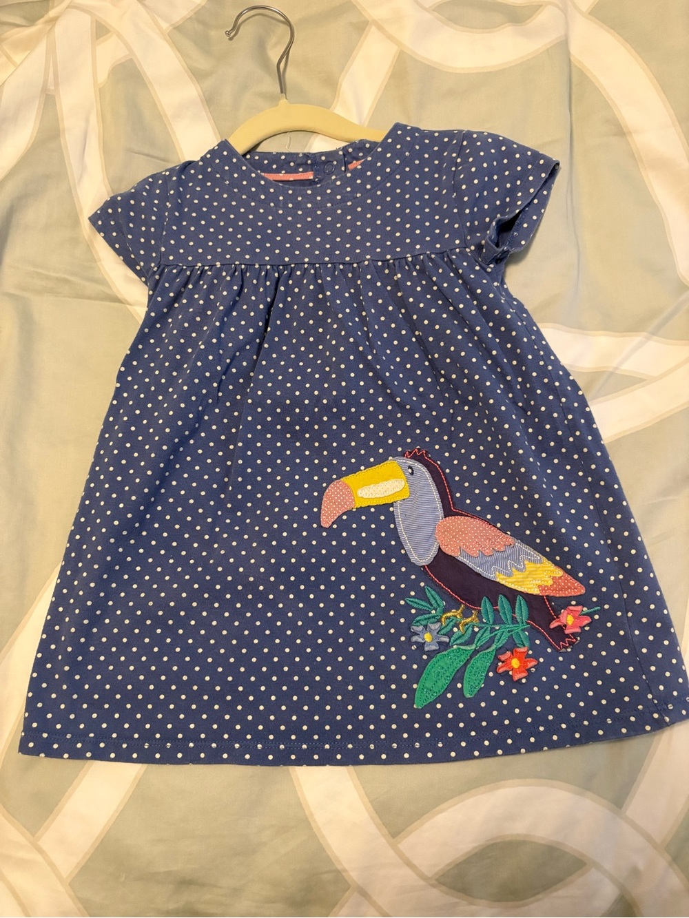 Mini Boden Navy Polka Dot Dress with Colorful Toucan Appliqué